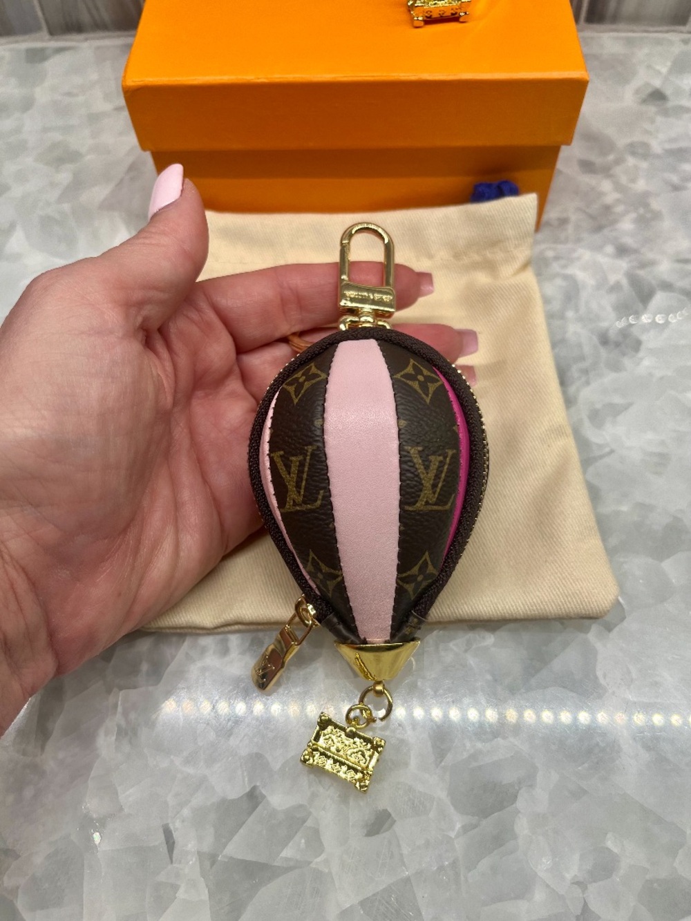 Fashion inspired Monogram Hot Air Balloon bag charm keychain pouch